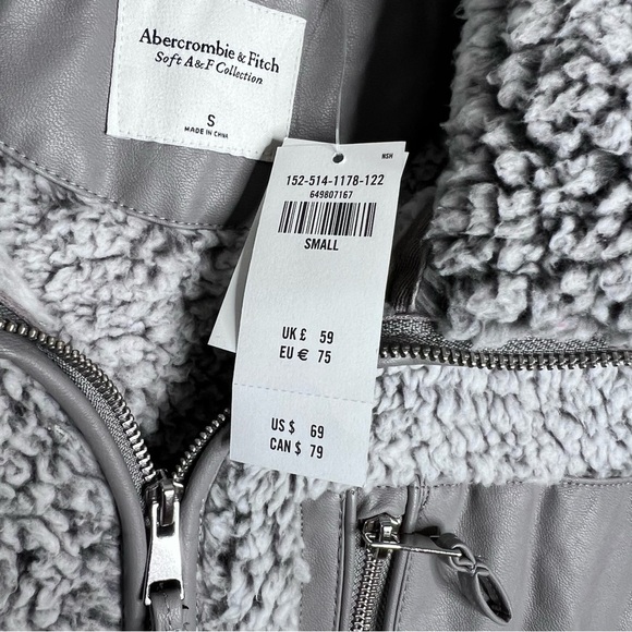 Abercrombie & Fitch Vest Women Small Sherpa Fleece Jacket Gray Leather Pocket - Picture 3 of 8